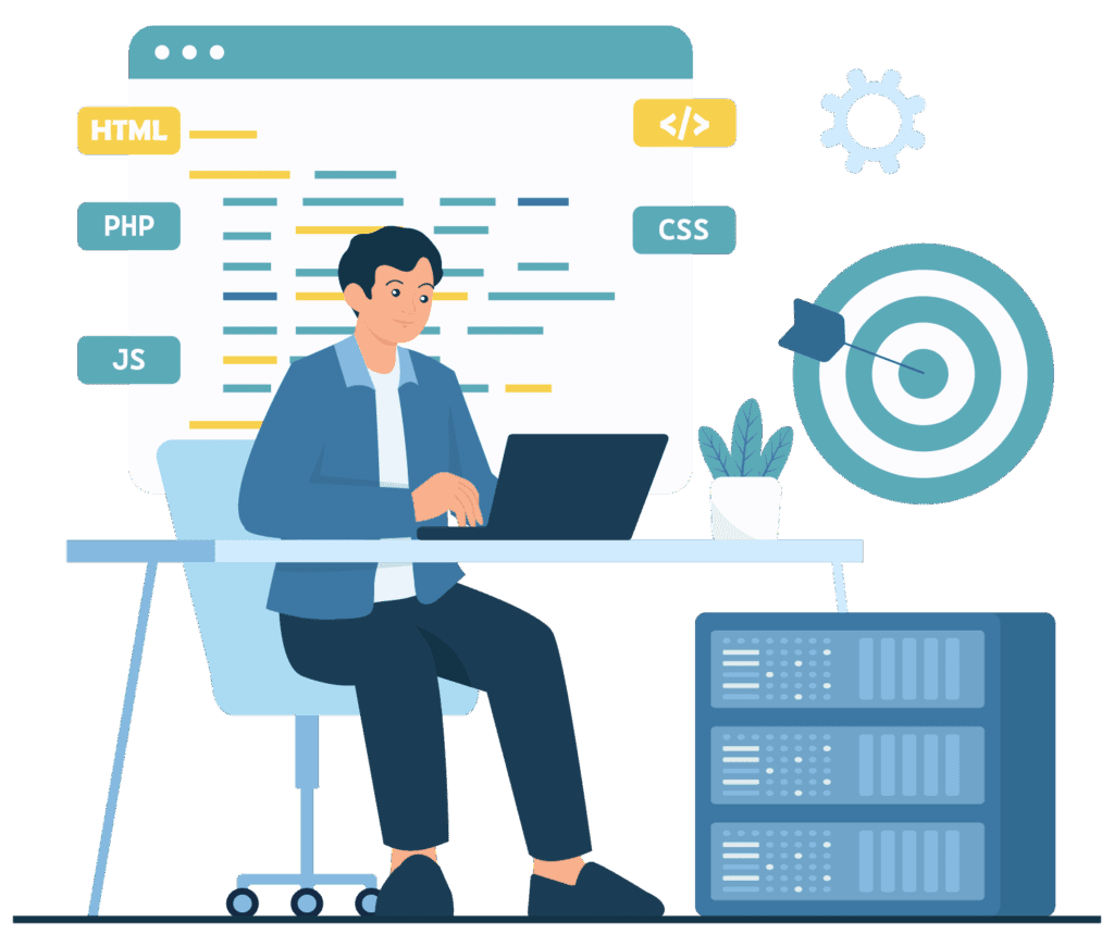 Graphic showing a male programmer, coding bespoke software.