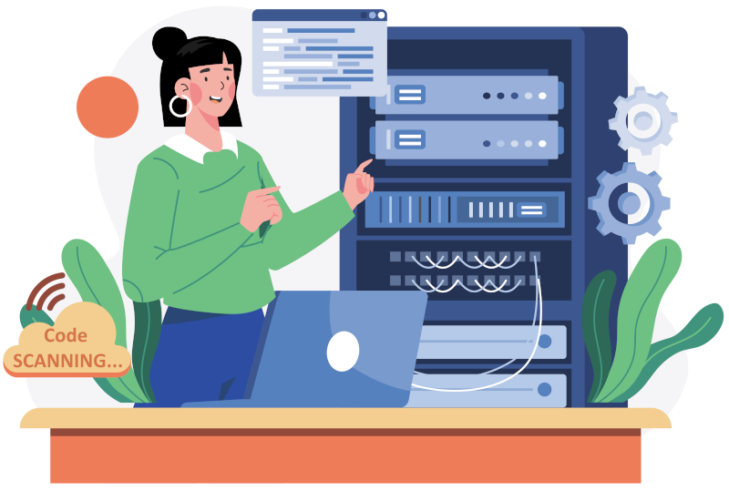 Graphic of a female with laptop, server and computer window containing programming code.