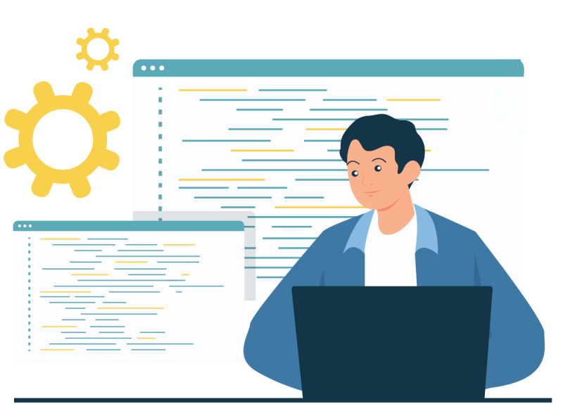 Graphic showing a male programmer, coding bespoke software.