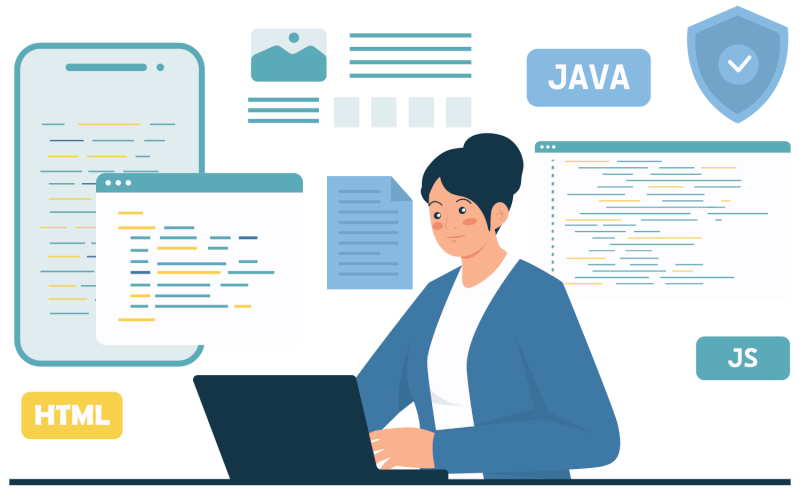 Graphic showing a female programmer, coding bespoke software.