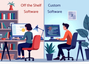 Graphic showing a woman using off the shelf computer software and on the other side a man writing custom software.