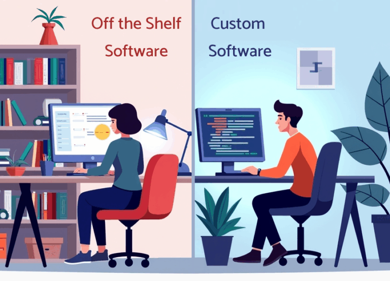 Graphic showing a woman using off the shelf computer software and on the other side a man writing custom software.