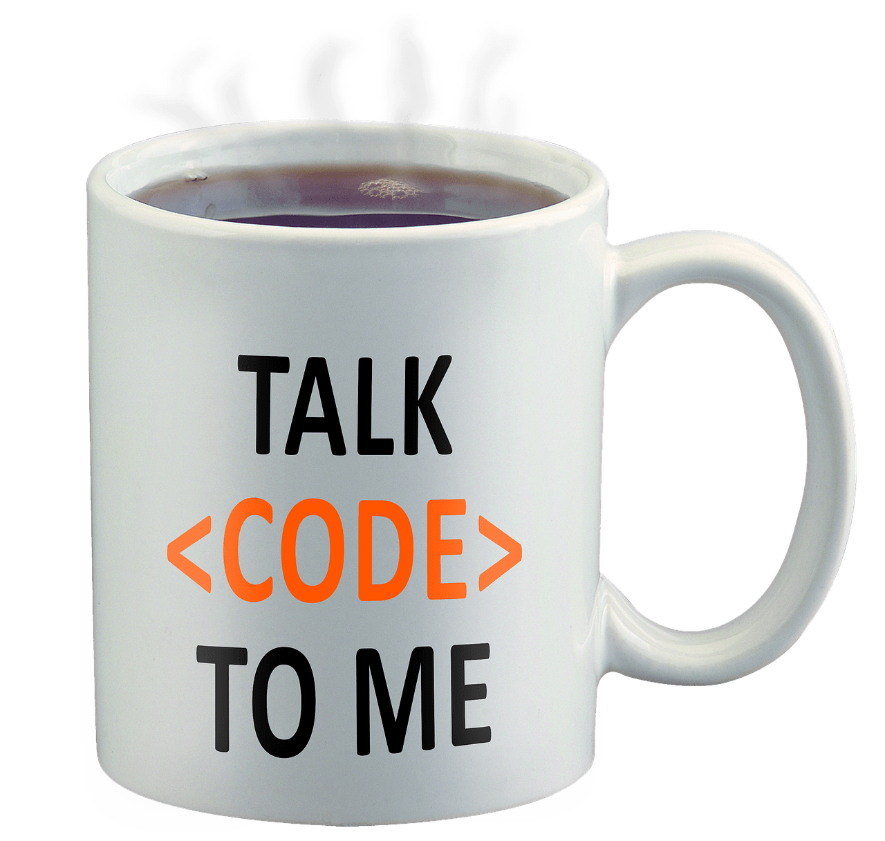 Coffee mug with words Talk Code to Me written on the side