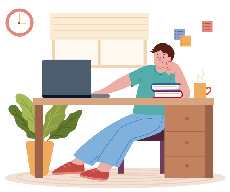 Graphic showing a male in an office and laptop representing using off the shelf software.
