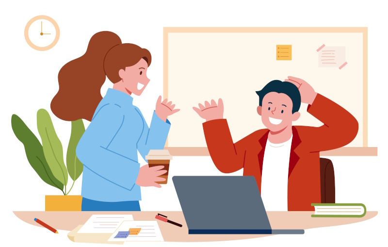 Graphic showing two people in an office and laptop representing using off the shelf software.