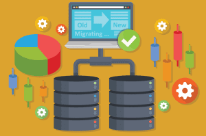 Graphic showing to databases to represent data migration for software has reached it lifespan
