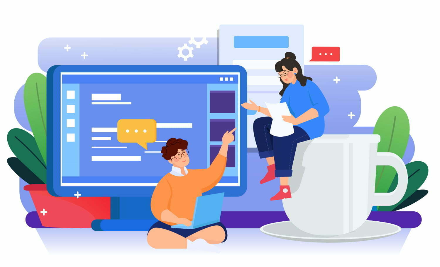 7 myths of custom software development. Vector of man and woman coding and discussing software.