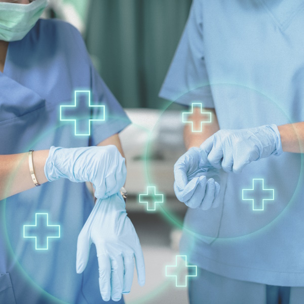 Photo showing healthcare staff with overlay of turquoise transparent crosses.