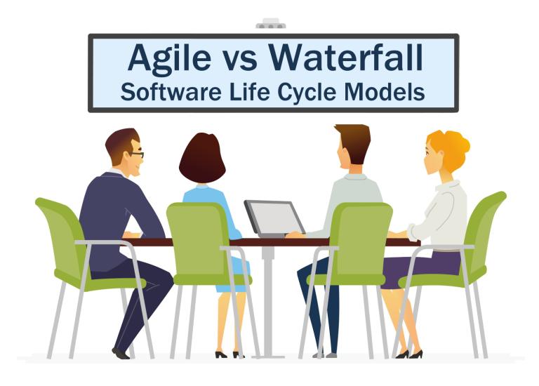 BSPOKE Software - Graphic showing bespoke software developers discussing whether agile vs waterfall for a custom software project
