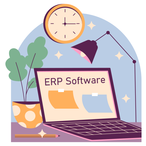 Graphic showing laptop with Custom ERP Software.