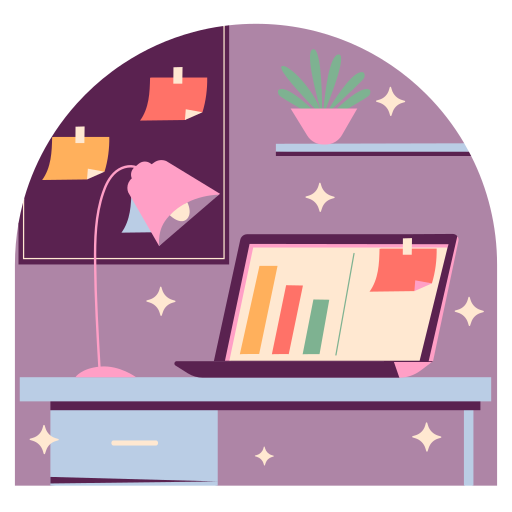 Graphic showing laptop in an office on a desk to represent project and task management software.