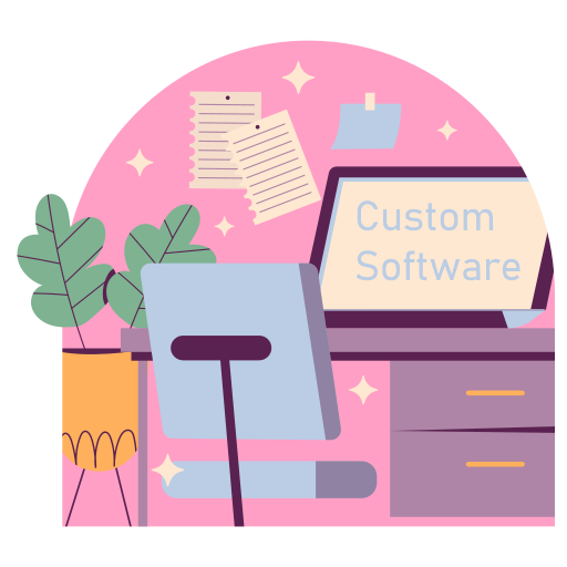 Graphic showing laptop running custom software.
