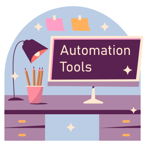 Graphic showing a monitor on a desk in an office, running automation tools.
