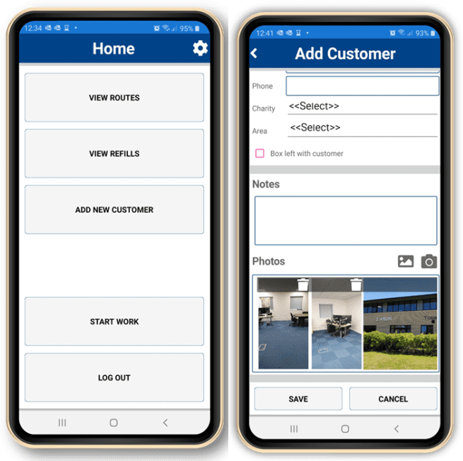 Mobile phone screens, showing screenshot of custom built software.