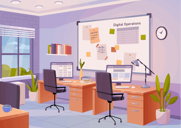 Graphic showing digital operations on computers in a modern office.