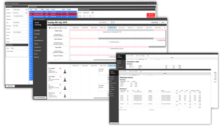 Screenshots of cleaning company software, developed by a bespoke software company