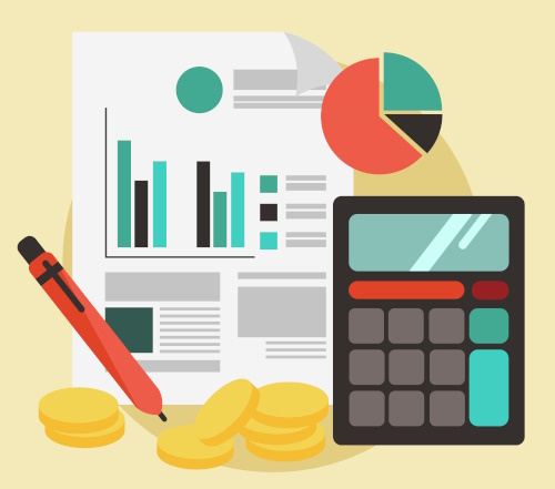 Graphic of calculator, money and graphs to represent accounting firms.