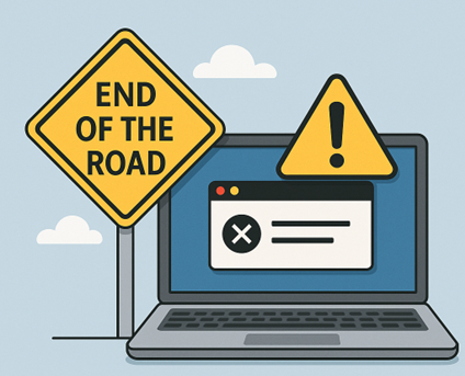 Graphic of a laptop and warning symbol and sign with end of the road written on it, to represent your software system reaching the end of the road.