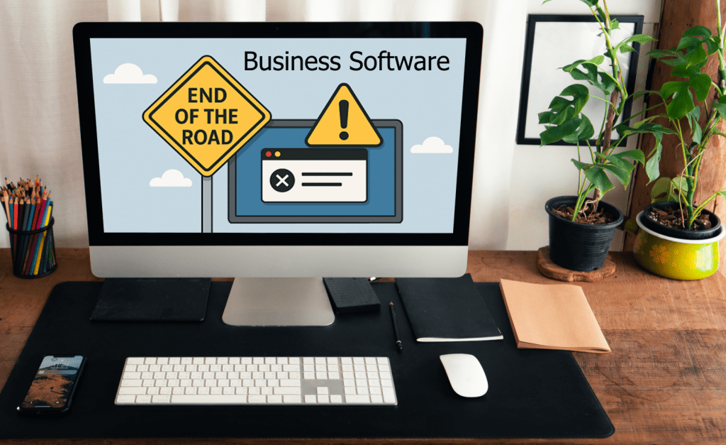 Computer monitor on desk, showing software that has reached the end of the road, representing why you need to update old software.