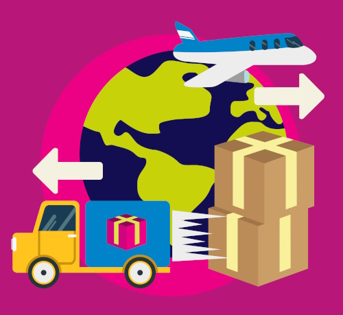 Graphic of truck parcels and world to represent delivery company.