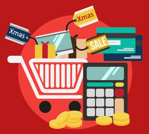 Sale, cart and calculator graphic to represent a retail Xmas sales.