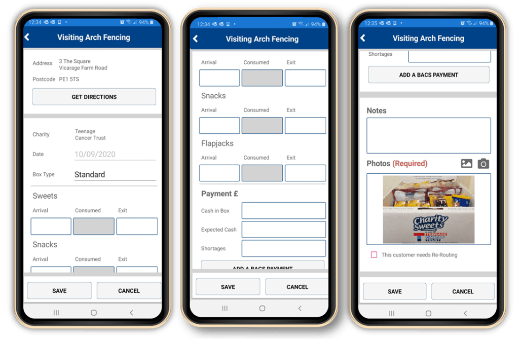 Phone screens showing case study screenshots to represent the advantages of a database.