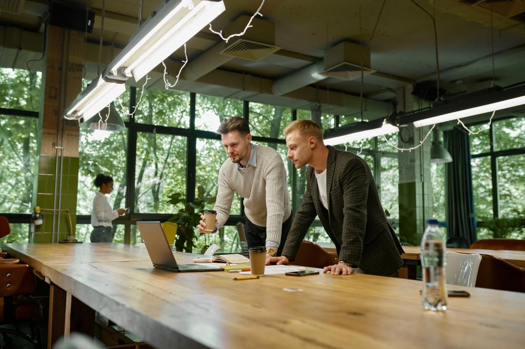 Software Consultant working with client in an office with large windows.