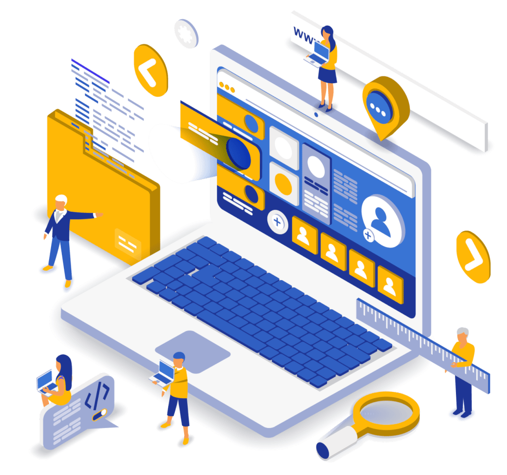 Corporate software development - graphic shows a laptop and mini figures developing software