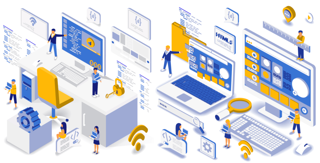 Corporate software development, graphic shows computers and programmers working on developing software.