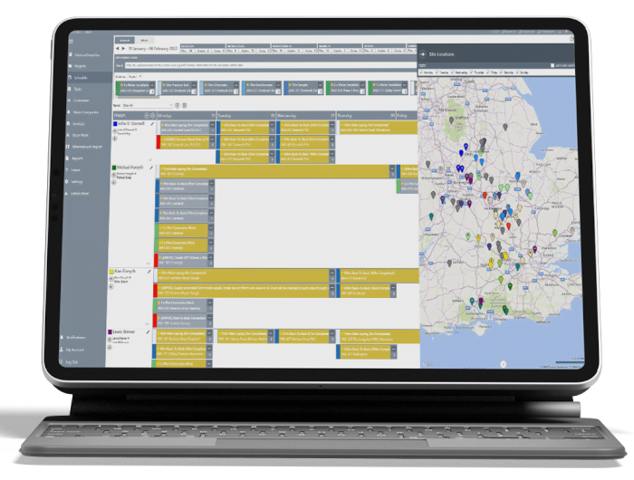 Laptop showing case study screenshots to represent the advantages of a database.