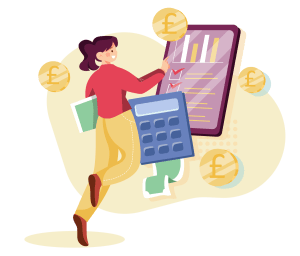 How much does it cost to build an app, graphic of mobile and person calculating the cost with pound coins around it.to represent money.