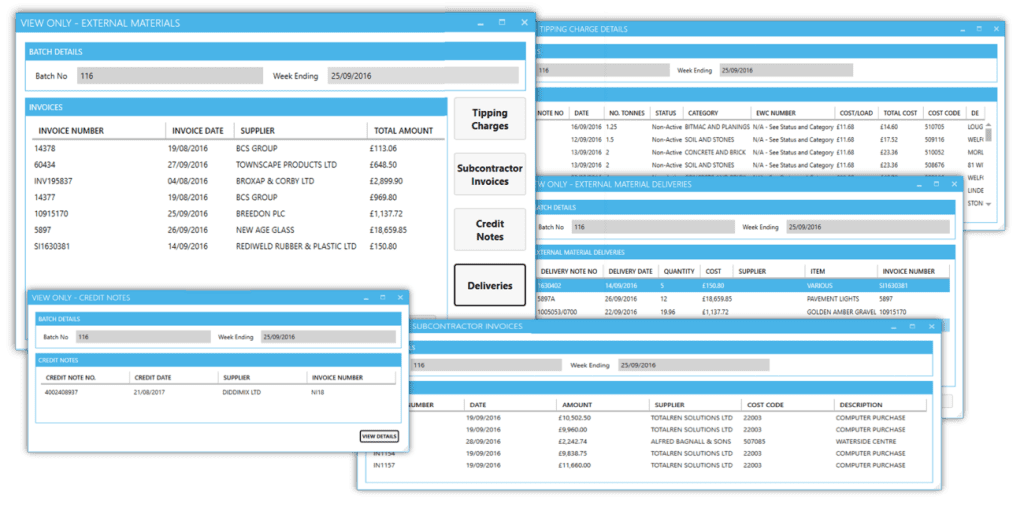 Screenshots of software application screens for material job costing sections, a new system replacing an old.