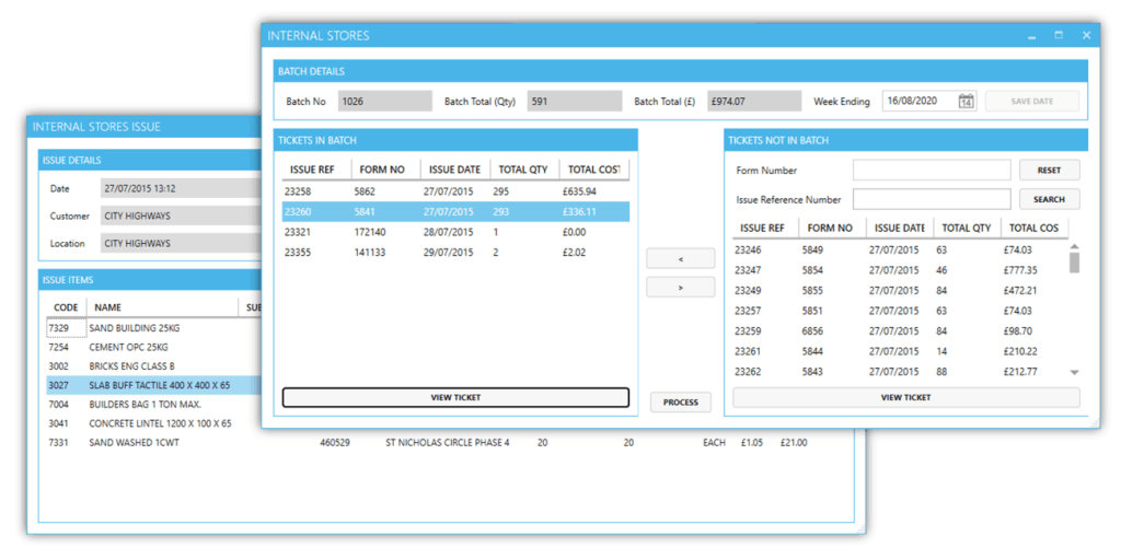 Replacing a legacy software system - shows screenshots of the new system that interacts with other areas of the software suite, in this case internal stores.