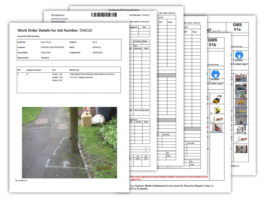 Replacing a legacy software system - showing documents printed from the new system, job card pages.