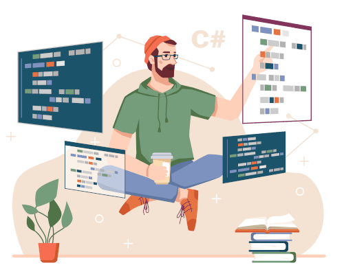 Graphic showing a man coding representing how bespoke software development produces flexible and adaptable software.