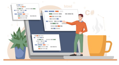 Graphic showing a man coding representing how bespoke software development is customisable and has unique features.