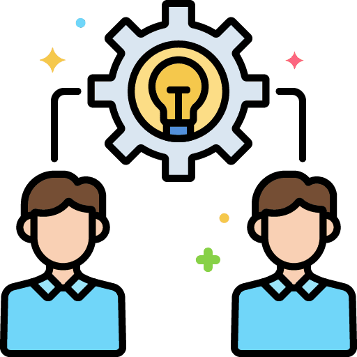 Graphic showing two people with light bulb it to represent the second phase of sdlc - requirements analysis.