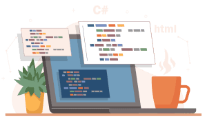 Bespoke Software Development - Graphic showing a laptop on a table with coding windows.