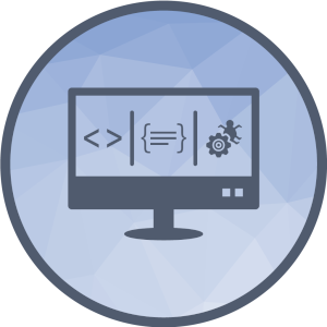 Monitor icon in a circle to represent tailored stock control software.