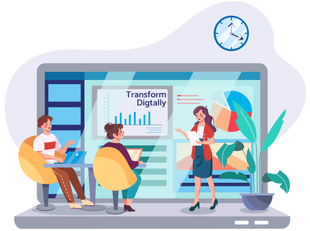 What is a digital transformation - graphic showing a team discussing and implementing their digital transformation.