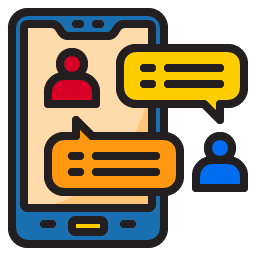 Integrate System graphic of a mobile phone with people talking representing help desk support software integration.