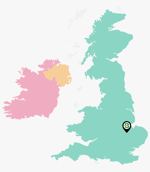 Graphic of map of the UK, showing pin of where BSPOKE Software is located, Peterborough.