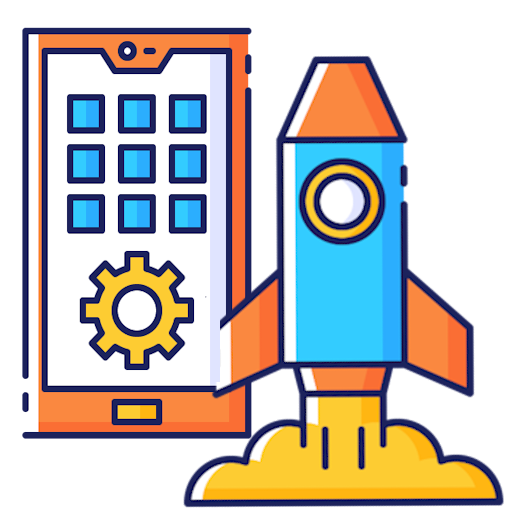 Graphic of rocket and mobile phones to represent mobile app developers UK, making the app - stage 5) Launching