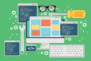 Graphic showing code and maintenance items, to represent software testing principles.