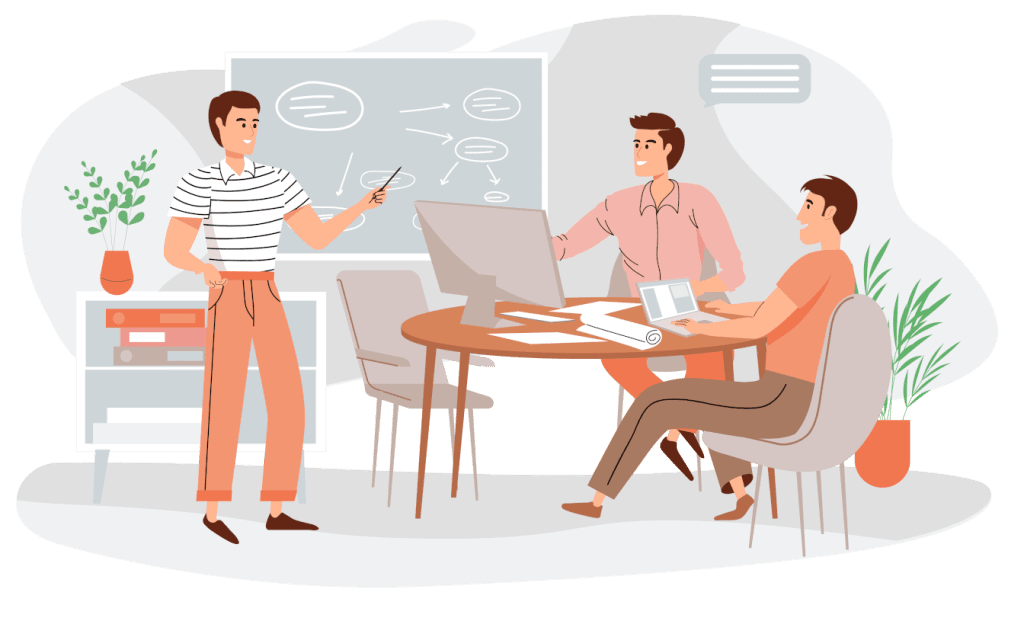 Software development and consultancy, graphic showing people discussing a custom software project.
