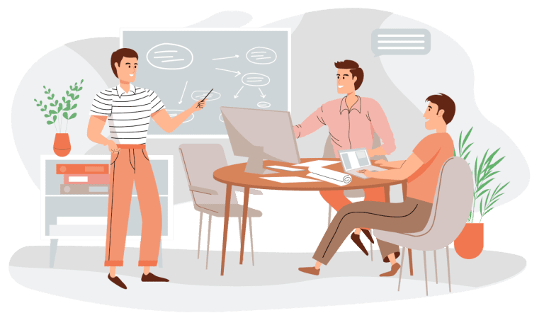 Software development and consultancy, graphic showing people discussing a custom software project.