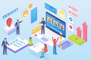 Graphic of people computers and data to represent a customer relationship mangement systems.