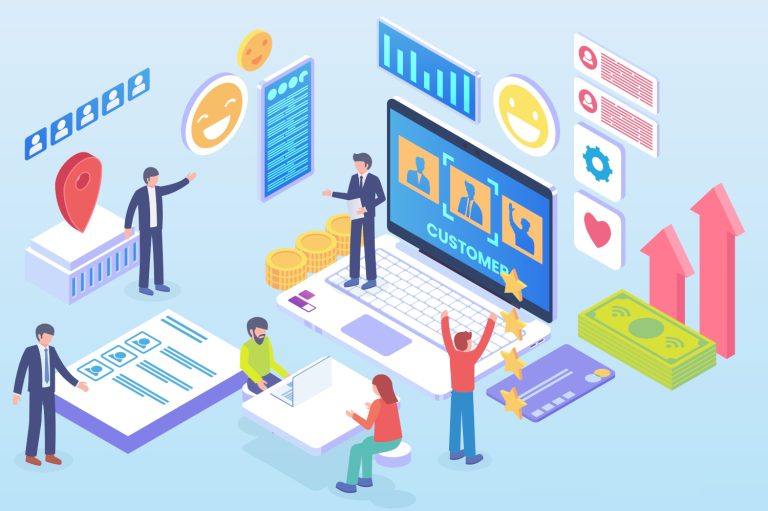 Graphic of people computers and data to represent a customer relationship mangement systems.