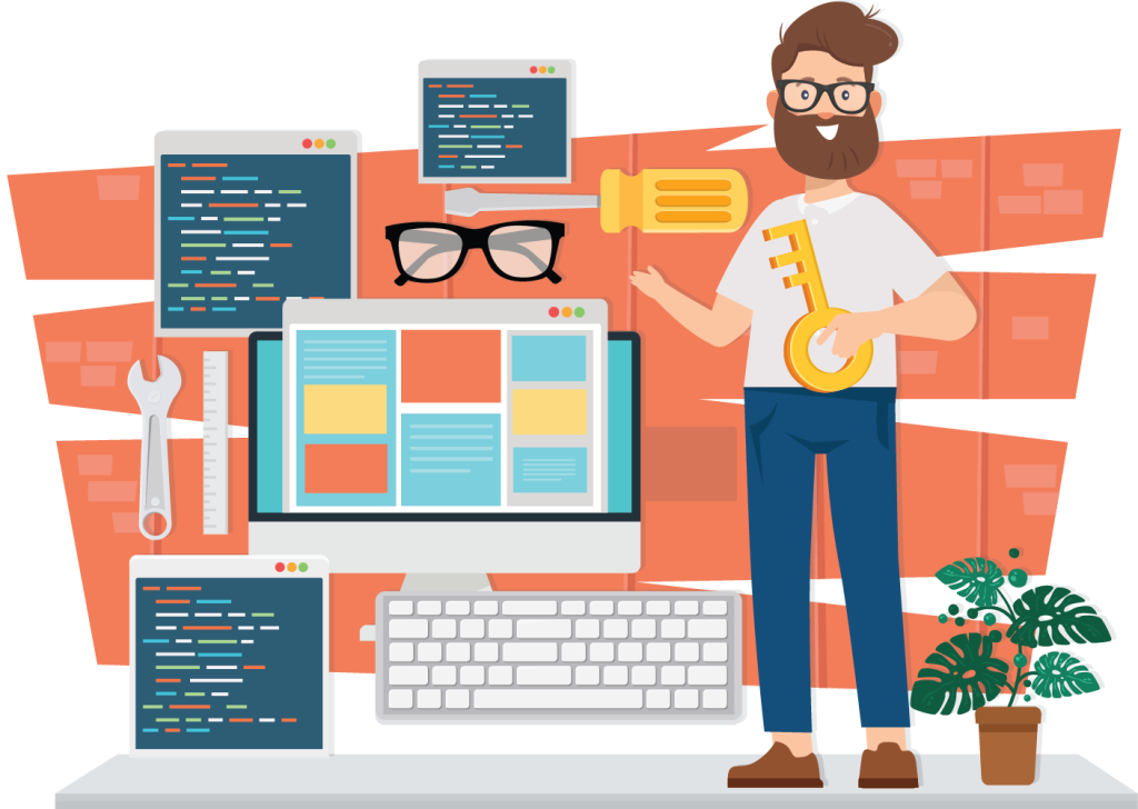 Graphic showing a man with a monitor keyboard and screens with code on to represent our development Software services.