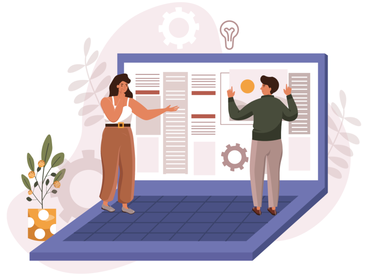 Graphic of 2 people stood on a laptop discussing user experience with software, one a client and the other a user experience consultant.
